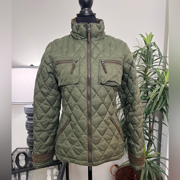 Goode Rider Olive Green Quilted Goose Down Jacket Size S - Picture 3 of 10